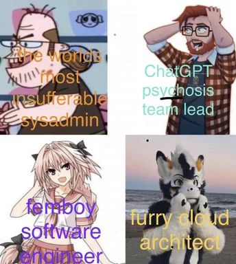 four meme images of developers and IT staff