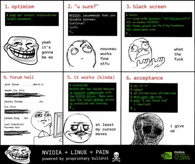 Meme comic showing the stages of installing NVIDIA drivers on Linux, ending with deleting the system.