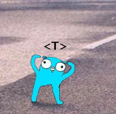 blue cartoon character with arms raised and <T> above