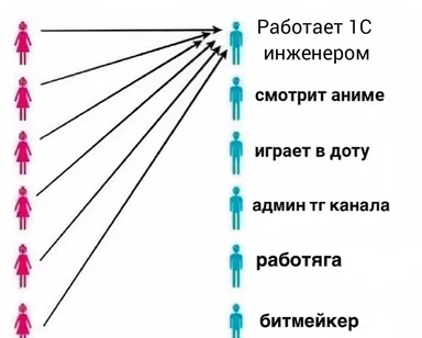 a flowchart meme in Russian showing multiple women interested in one man with various interests