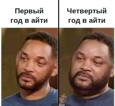 Two images of a man with a skeptical expression, representing the difference between the first and fourth year in IT