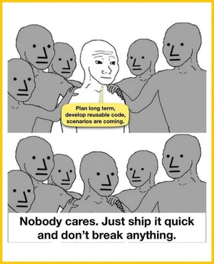 Cartoon depicting a lone developer with a plan for long-term coding contrasted with peers prioritizing quick shipment