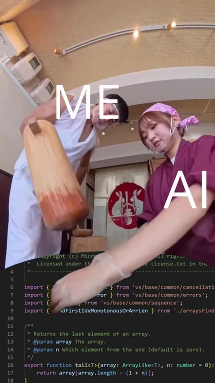 Meme of two people in kitchen setting with coding on screen, labeled 'ME' and 'AI'