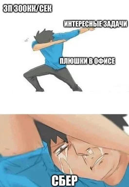 Аниме-персонаж обнимает «интересные задачи» и «плюшки в офисе», но плачет от нагрузки в Сбере