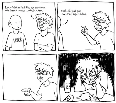 Comic strip about developer giving super-admin access to everyone