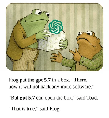 Frog puts a gift box with the ChatGPT logo into a box, while Toad points out that GPT 5.7 can open the box itself.