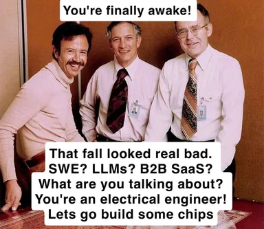 Photo of Elon Musk, Jensen Huang, and another man with text overlay joking about being an electrical engineer and building chips instead of doing software engineering.