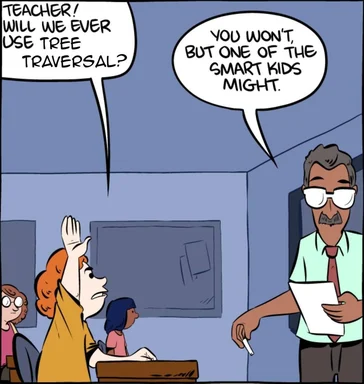 cartoon of student asking teacher about tree traversal in class