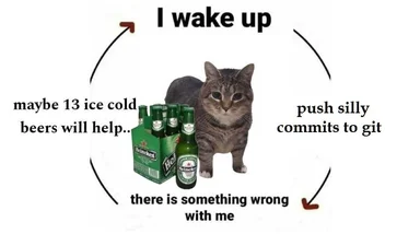 cat meme about developer drinking beer to cope with coding mistakes