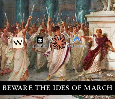 Beware the Ides of March meme with logos of Cursor, Google Antigravity, and another logo overlaid on a historical painting of Julius Caesar's assassination