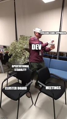 Man wearing VR headset playfully dodges office chairs labeled 'cluster board' and 'meetings', with text 'dev', 'operational stability', and 'scalable agile approach'