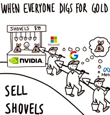 cartoon of people digging for gold while one person sells shovels
