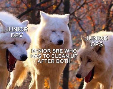 Three white wolves labeled junior dev, senior sre who has to clean up after both, and junior ops