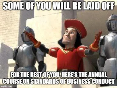 Shrek character in red hat and armor delivering a presentation to two armored knights