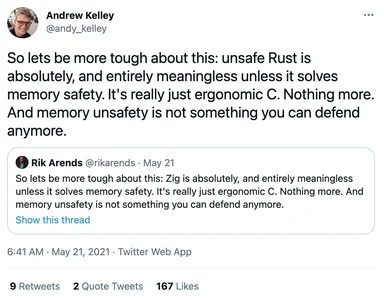 a screenshot of a Twitter conversation about Rust programming language