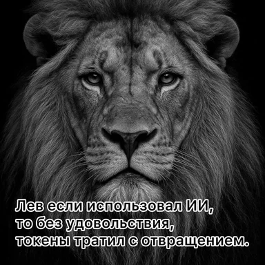 Lion with a serious expression and russian text overlay