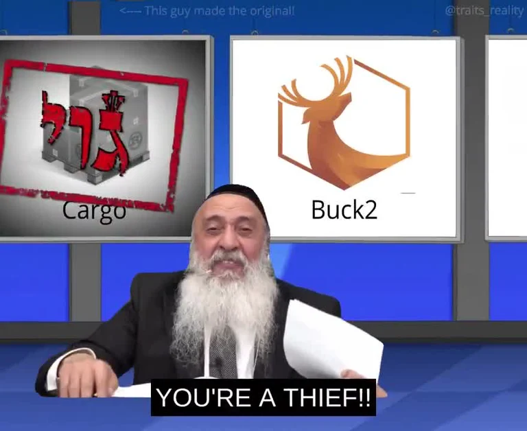 Meme comparing Cargo and Buck2 logos with a man shouting 'You're a thief!!'