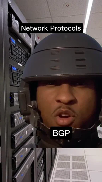 Network protocols meme with soldier helmet and BGP text
