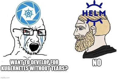 Wojak crying with the Kubernetes logo on his head asking about developing without tears, while a buff guy with the Helm logo says no.