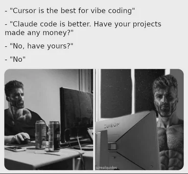 Two muscular men at computers having a dialogue about AI coding tools Cursor and Claude Code, admitting they haven't made money.