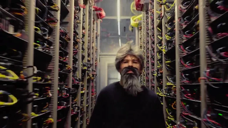 A man with a grey beard and hair standing in a server room aisle looking surprised