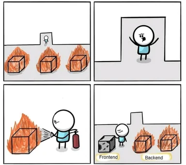 cartoon developer tries to put out burning frontend and backend code