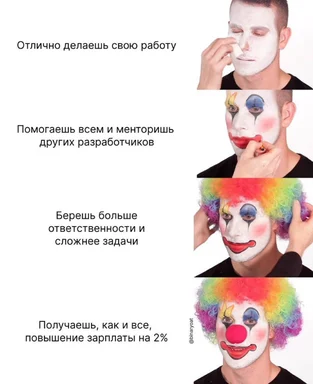 Man progressively applying full clown makeup across four panels, each paired with a Russian caption about developer overwork