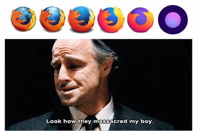 Meme of Robert De Niro looking shocked and upset, with Firefox logos changing to represent degradation