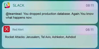Slack notification of dropped production database and team lead reaction