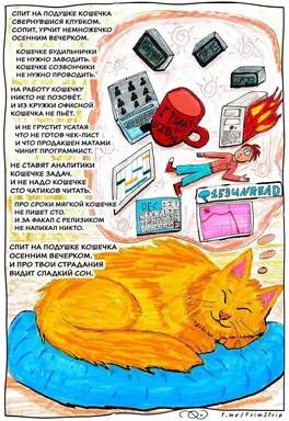 cartoon of sleeping cat surrounded by office work symbols