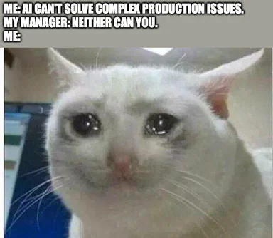 cat with wide eyes and text about AI and production issues