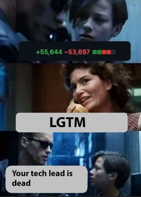 LGTM meme with stock market numbers and The Matrix characters