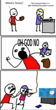 stick figure meme about struggling with c++ after learning python