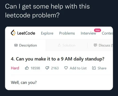 LeetCode problem screenshot with humorous daily standup twist