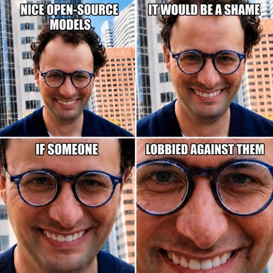 Elon Musk smiling creepily with text reading 'Nice open-source models. It would be a shame if someone lobbied against them.'