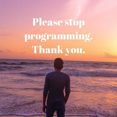 man looking at ocean with text 'Please stop programming. Thank you.'