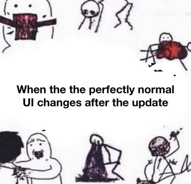 Cartoon characters reacting in shock and chaos to UI changes after an update