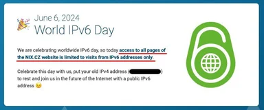World IPv6 Day celebration with a notice about limited access to NIX.CZ website