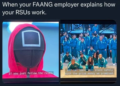 meme about FAANG employer explaining RSUs