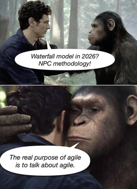 Meme of a human and an ape discussing waterfall model and agile methodology