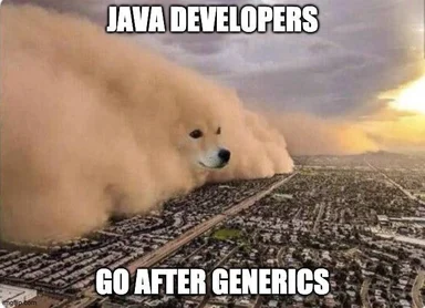 A fluffy white dog's face merged into a dust devil rolling over a suburban neighborhood, captioned 'JAVA DEVELOPERS GO AFTER