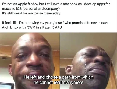 Sad man crying, feeling guilty for using a MacBook