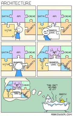 A comic strip titled Architecture showing a character trying to fit a puzzle piece labeled Business Logic into a diagram with Data, API, Cache, UI/UX, and Security. The puzzle breaks, and the character ends up stressed in a bathtub.