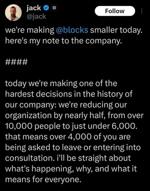 Tweet about company layoffs with a humorous note about making blocks smaller