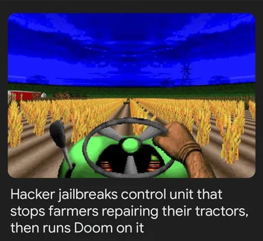 First-person view of a green tractor in a wheat field with a Doom-style skybox, captioned about a hacker running Doom on the control unit.