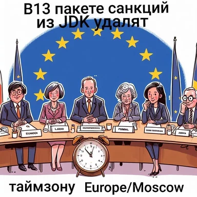 Cartoon businesspeople sitting at a table with a clock and European flag