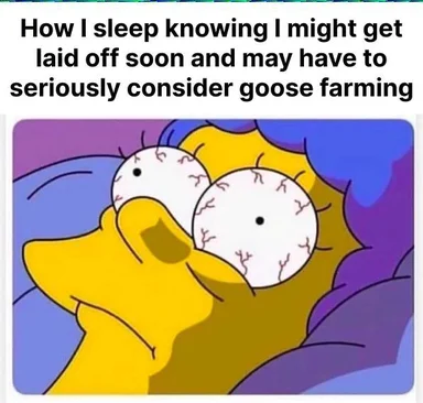 Homer Simpson with bloodshot eyes lying in bed, caption: 'How I sleep knowing I might get laid off soon and may have to seriously consider goose farming'