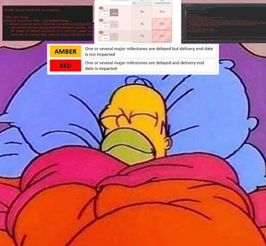 Homer Simpson sleeping with frustrated developer screens in the background