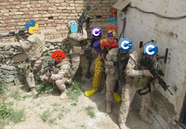 Soldiers with programming language logos on their faces