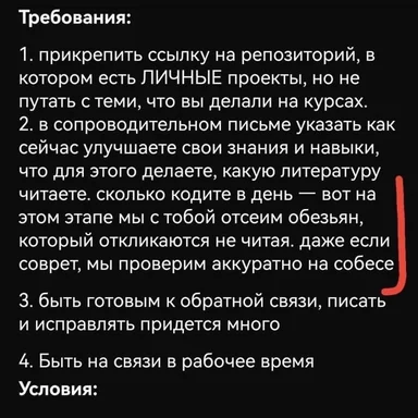 Текст с требованиями к кандидатам на позицию разработчика, включая проверку репозиториев и отсев тех, кто не читает.